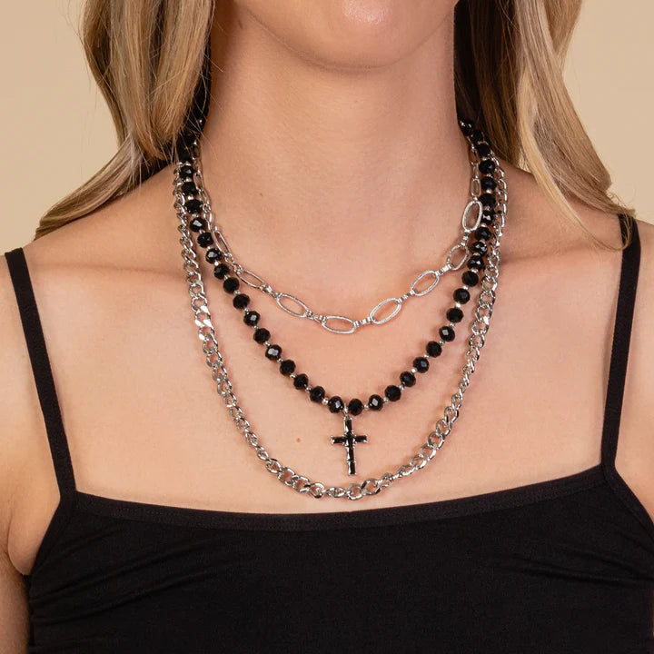 Layered Cross Black Necklace