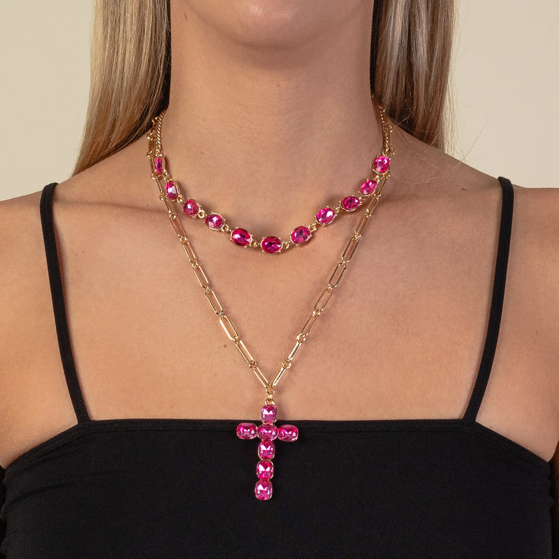 Pink Cross Double Necklace