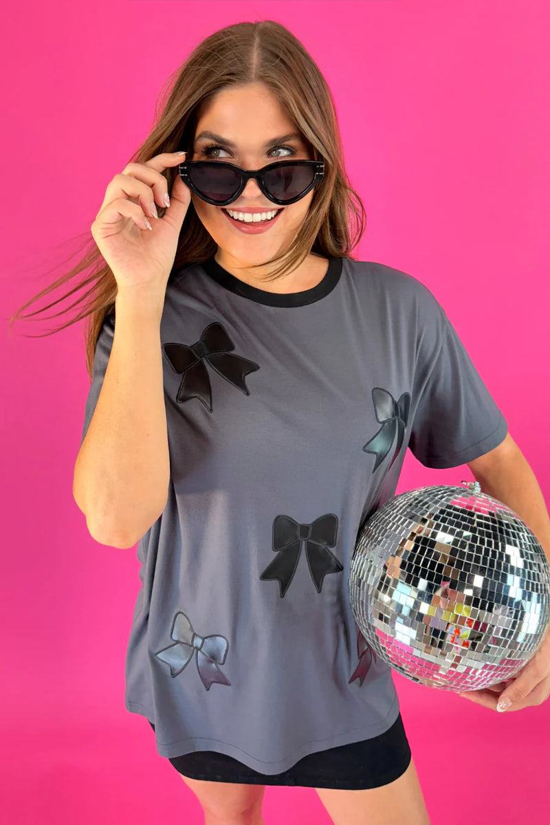 Faux Leather Bow Oversized Tee