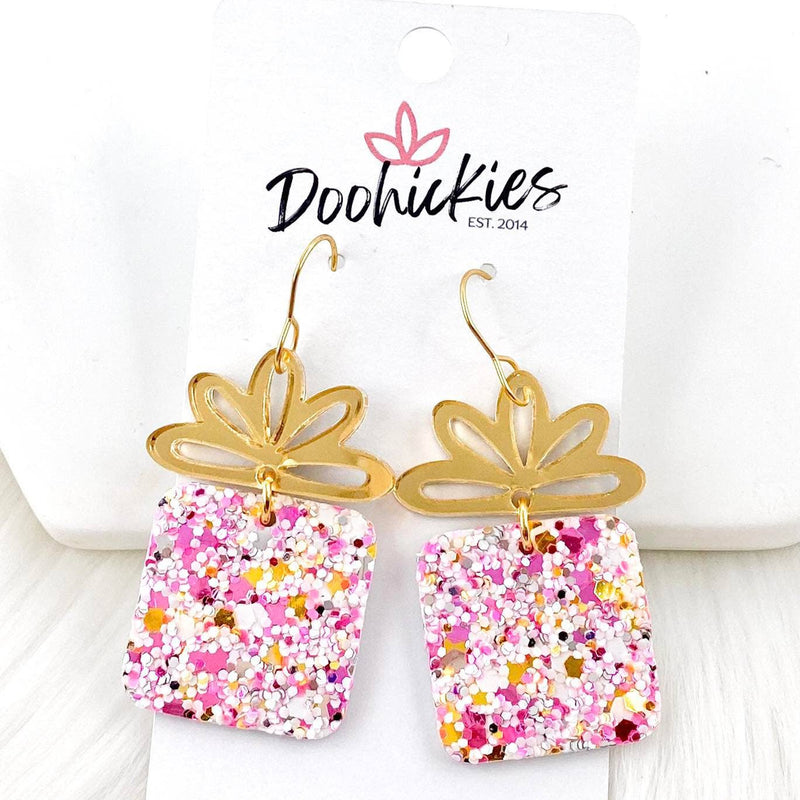 Pink Glitter Christmas Present Earrings