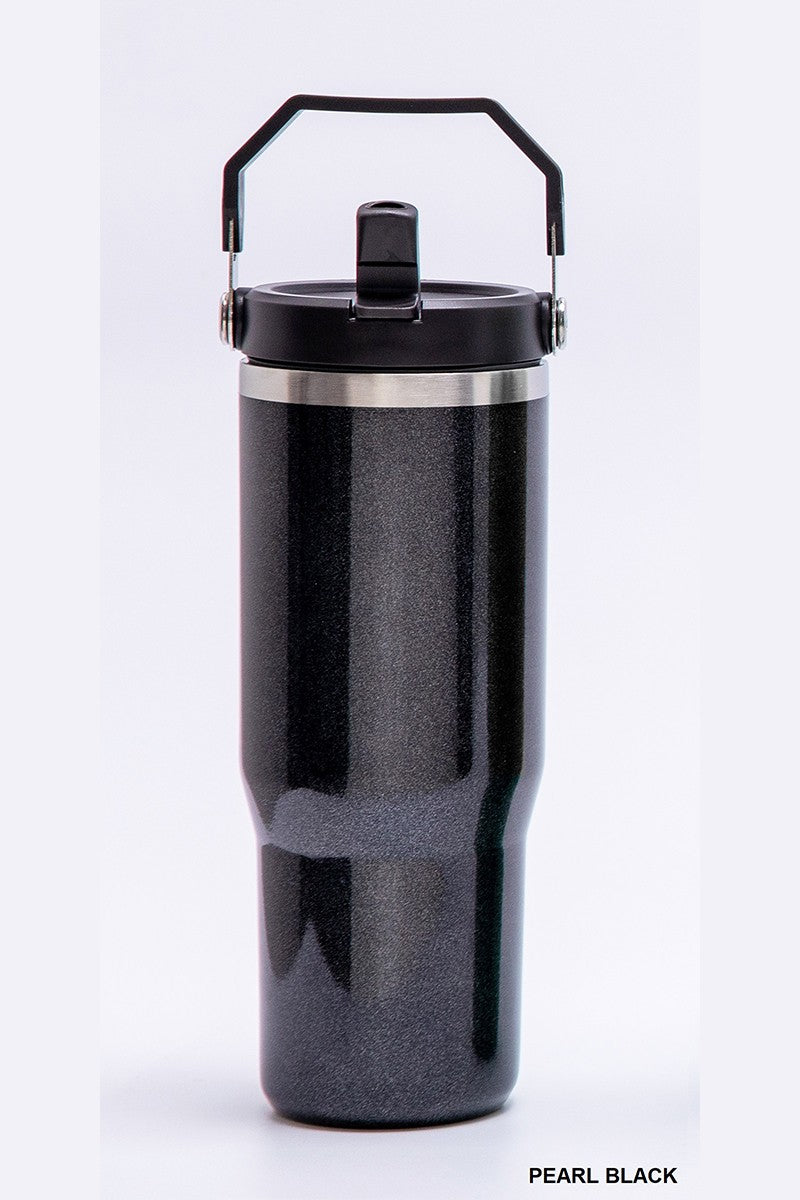 Stainless Black Glitter Straw Tumbler - 30oz