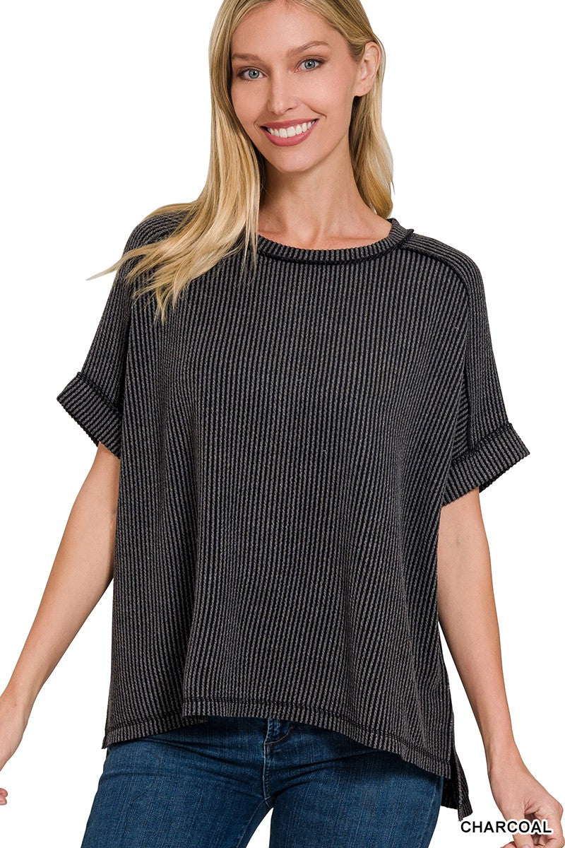 Corded Ribbed Raw Edge Top - Charcoal