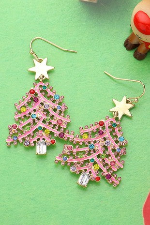 Pink Rhinestone Christmas Earrings