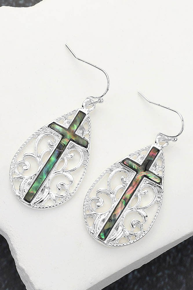 Abalone Filigree Cross Earrings