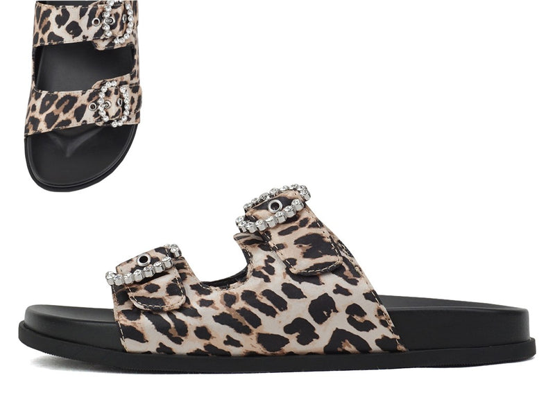 Leopard Rhinestone Buckle Slides