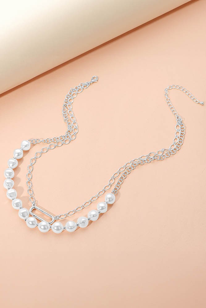 Pearl Chain Layer Necklace - Silver