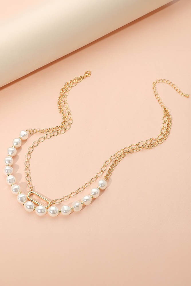 Pearl Chain Layer Necklace - Gold