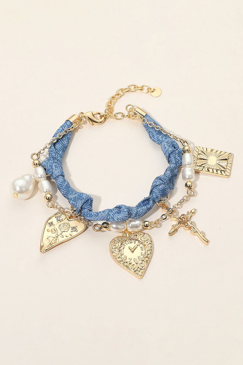 Pearl Heart Cross Denim Bracelet
