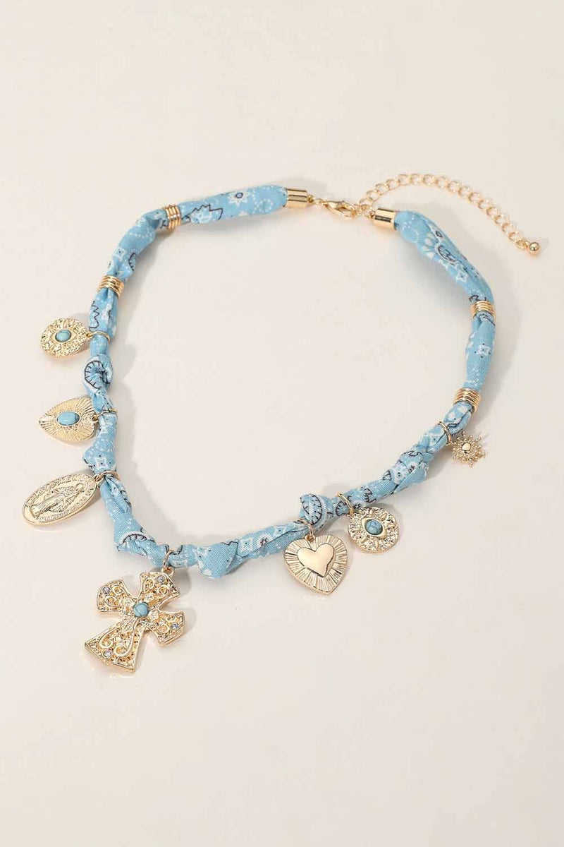 Boho Cross Heart Blue Charm Necklace