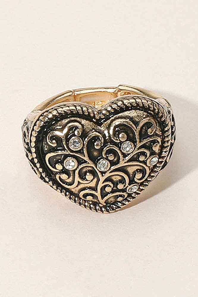 Vintage Stone Filigree Heart Stretch Ring