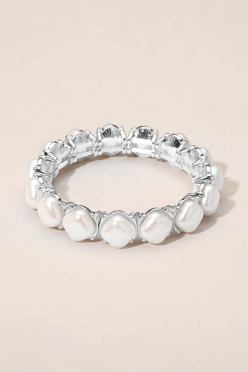 Square Pearl Stretch Bracelet - Silver