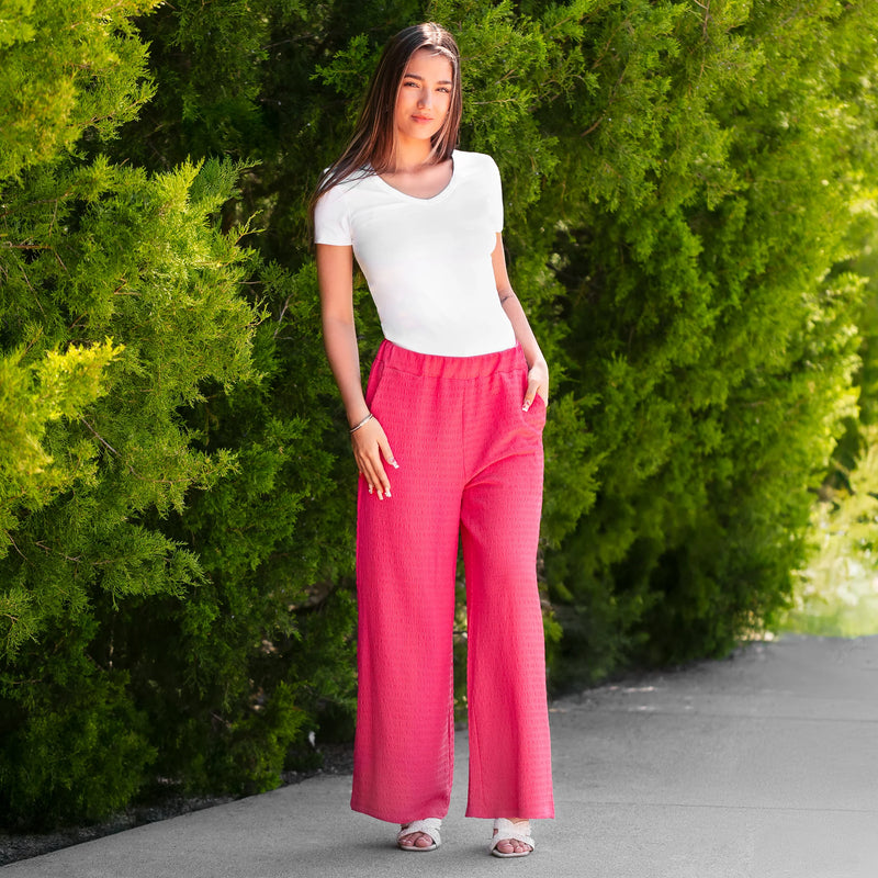Wide Leg Textured Pants With Pockets