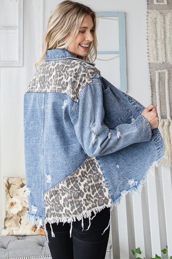 Frayed Denim Leopard Jacket