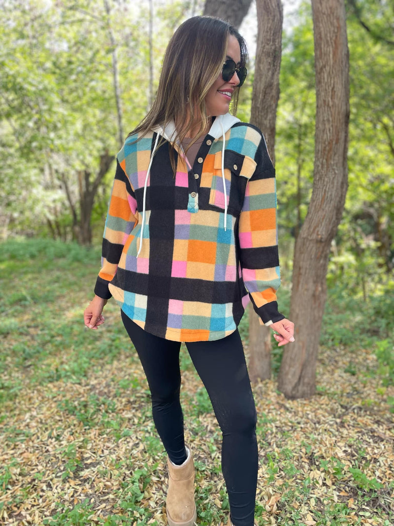 Rainbow Plaid Button Hoodie