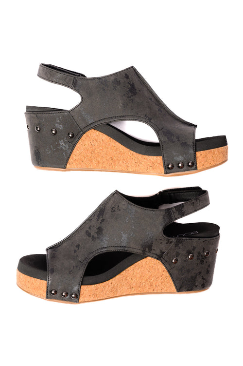 Carley Wedge Sandals in Black Metallic Corkys