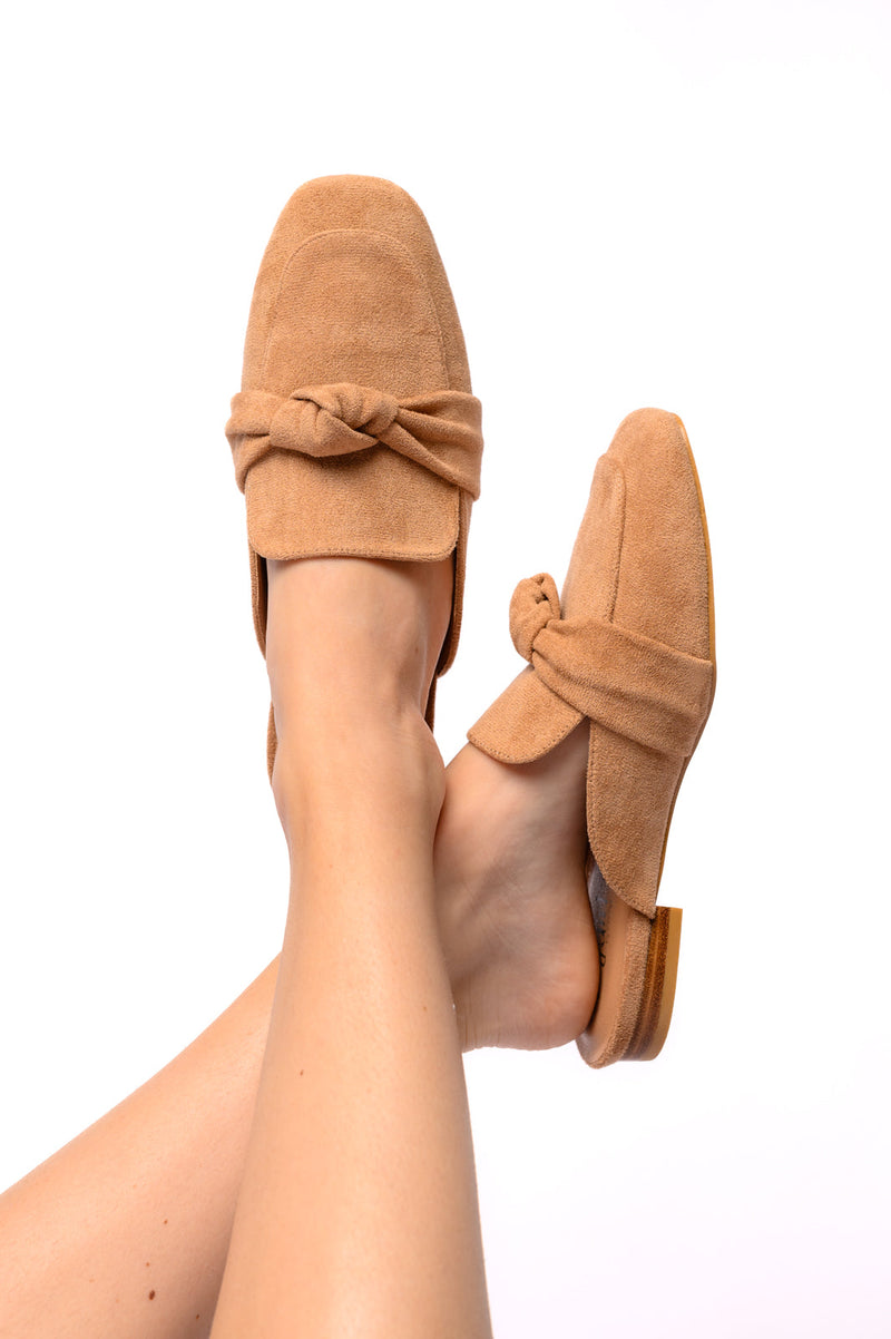 Clingy Mules in Camel Faux Suede Corkys