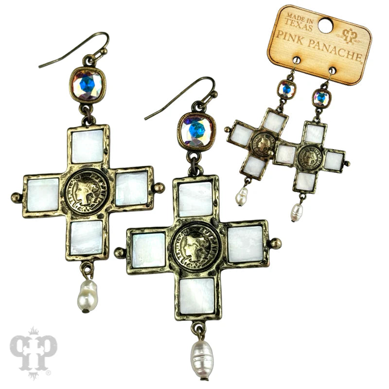 Pearl Coin Cross Earrings - Bronze