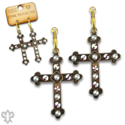 Crystal Pearl Cross Earrings