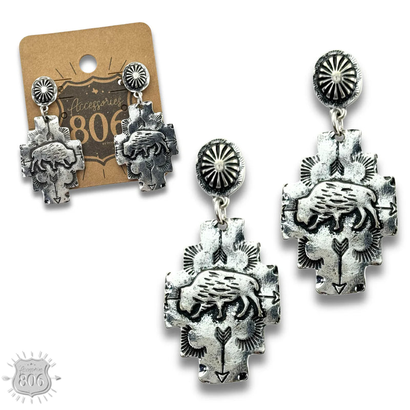 Buffalo Stamped Earrings - Silver