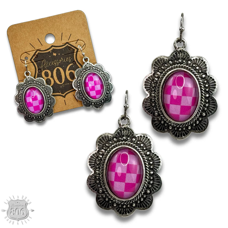 Oval Checkered Earrings PINK