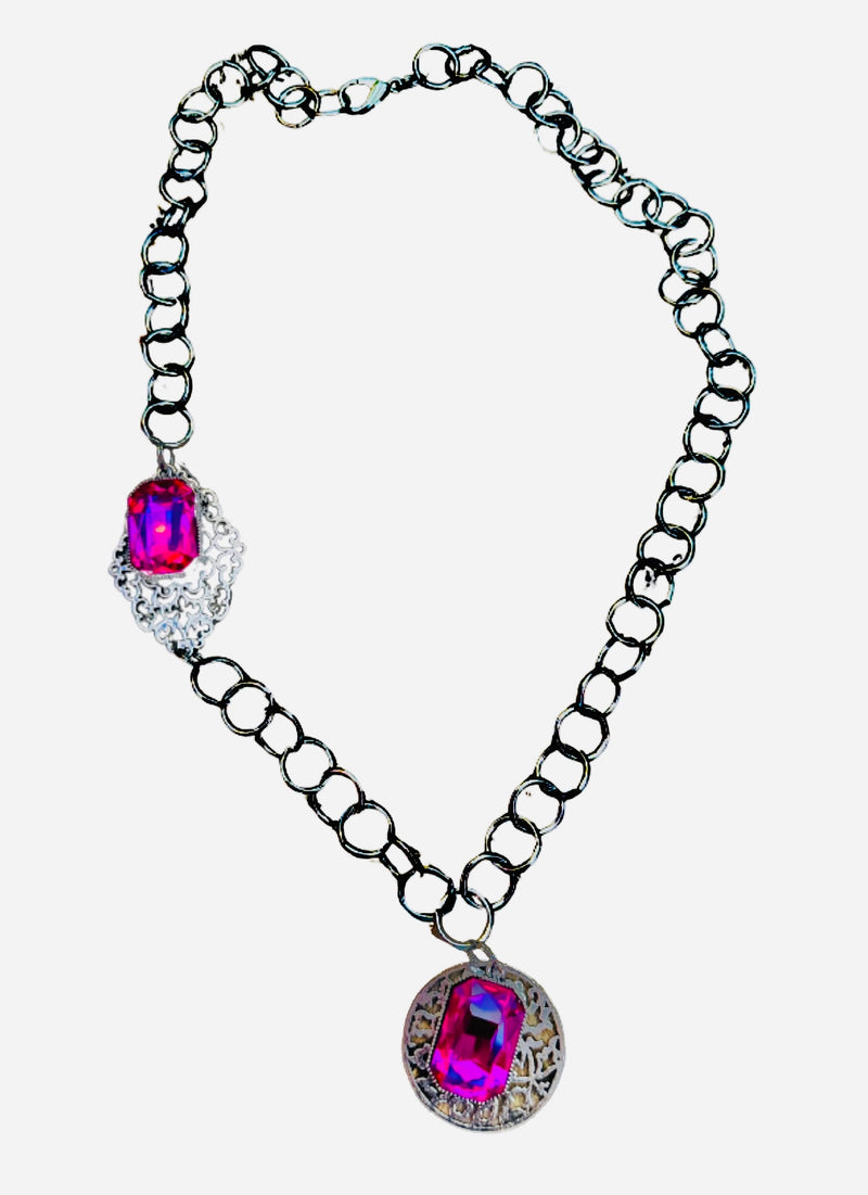 Silver Double Pink Stone Necklace