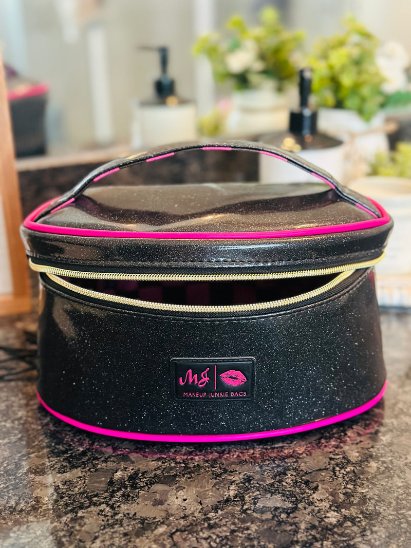 Black Glitter & Pink Makeup Junkie Bag