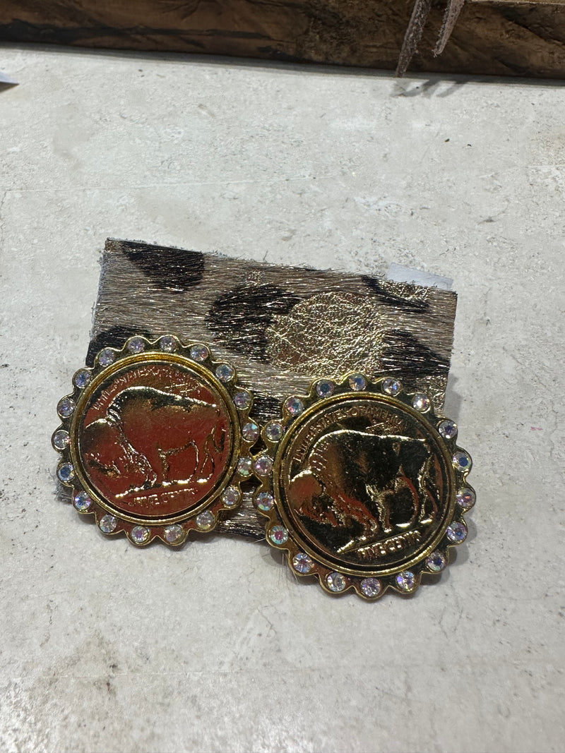 Gold Rhinestone Buffalo Stud Earrings