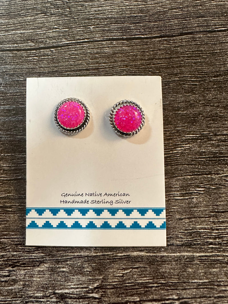 Pink Opal Stud Sterling Earrings