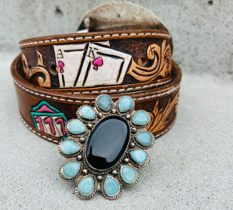 Tibet Oval Onyx Amazonite Adjustable Ring