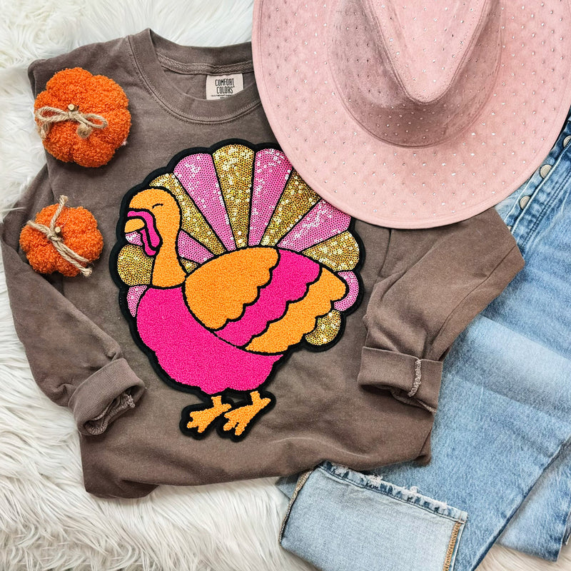 Pink Sequin Turkey Long Sleeve Tee