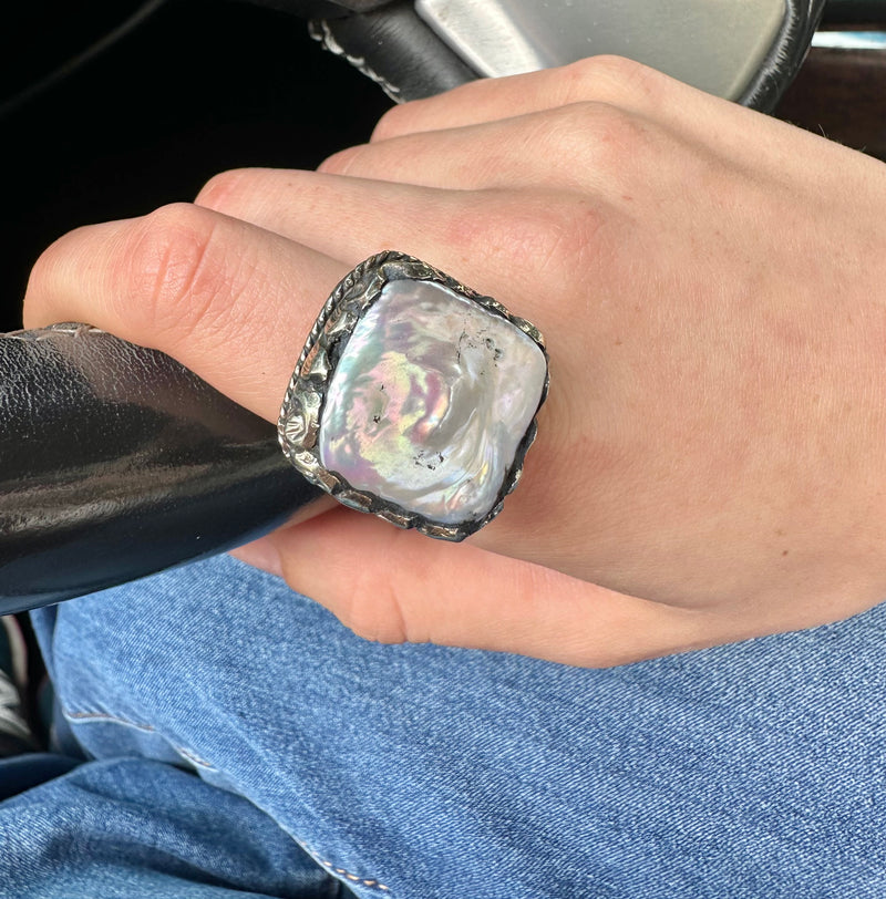 Mother Of Pearl Square Adjustable Ring