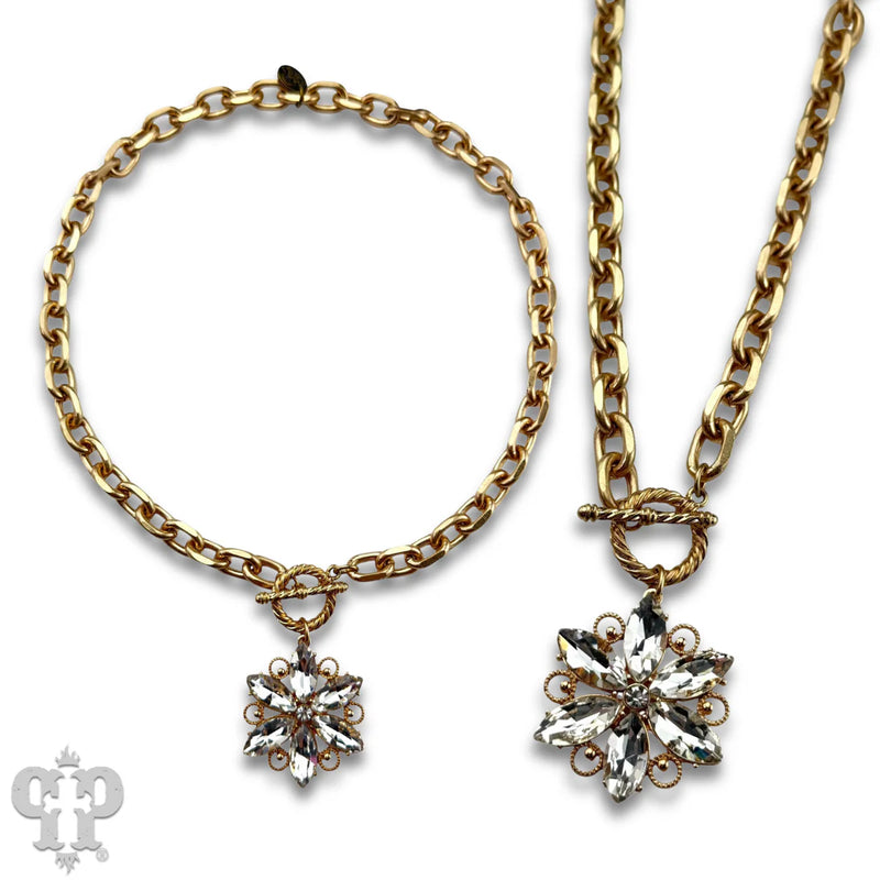 Rhinestone Flower Burst Necklace - Gold