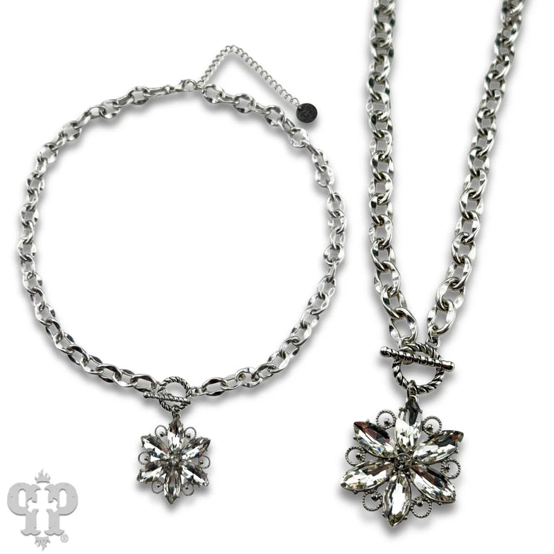 Rhinestone Flower Burst Necklace - Silver