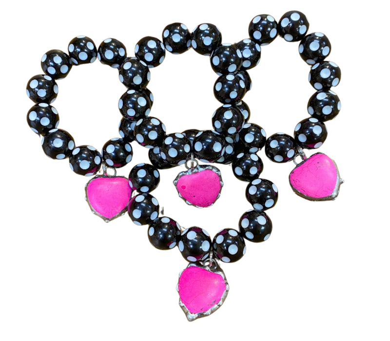 Black Polka Dot w/ Heart Stretch Bracelet