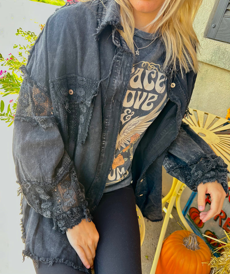 Mineral Washed Lace Black Button Up