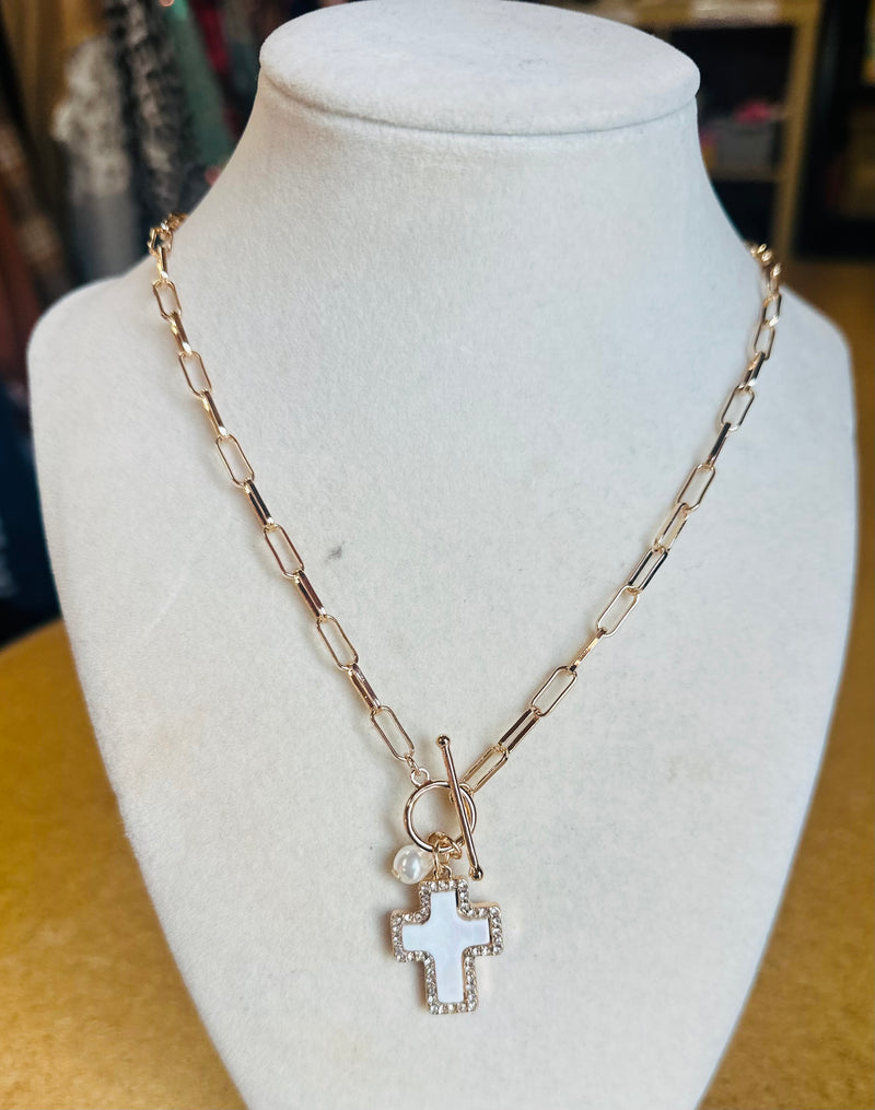 Mother Of Pearl Cross Necklace - Gold