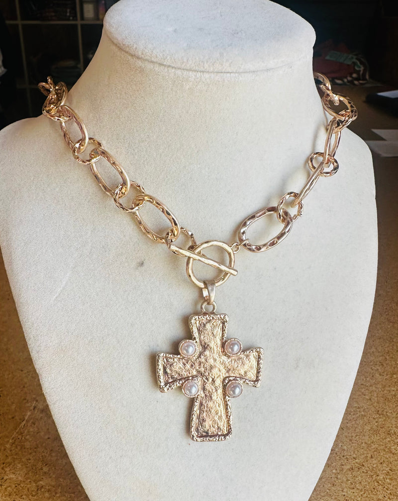 Gold Cross Pearl Necklace