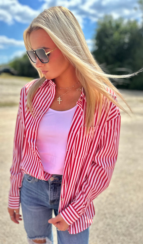 Working Late Red & White Stripe Button Down