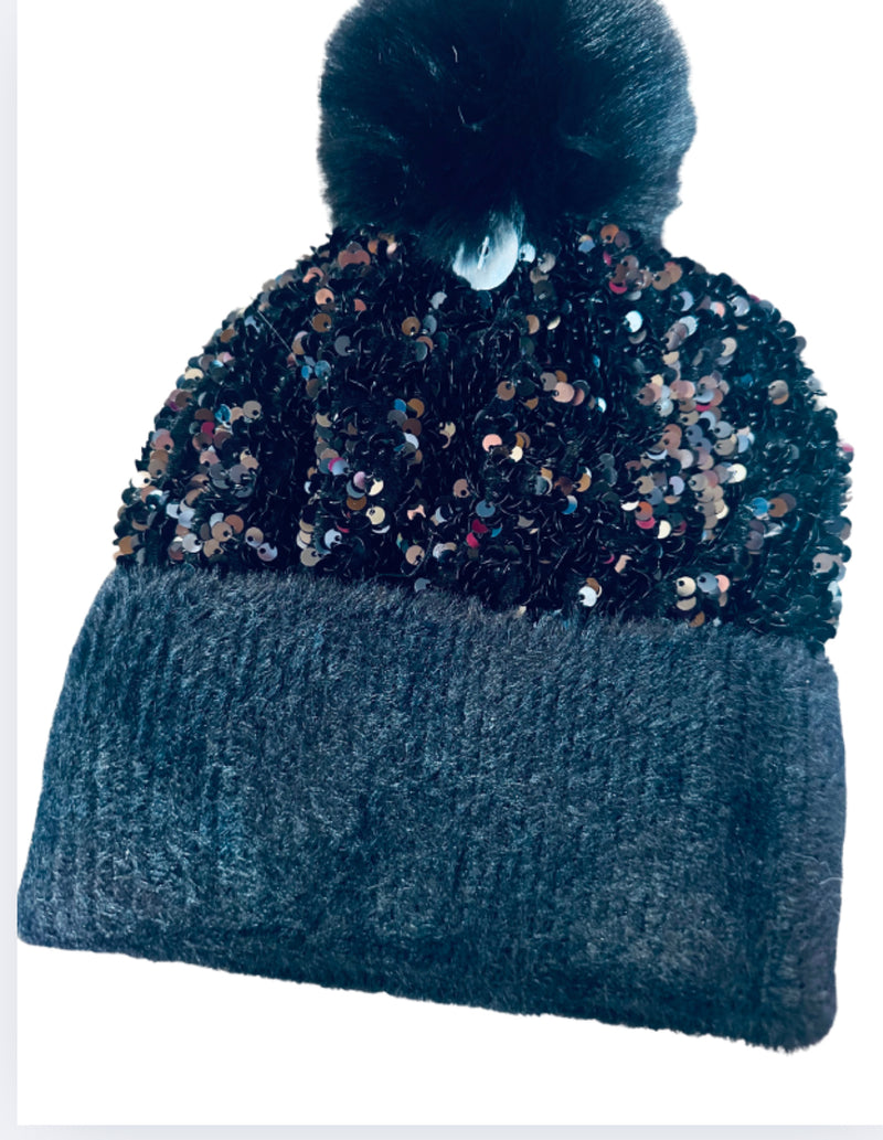 Sequin Black Beanie