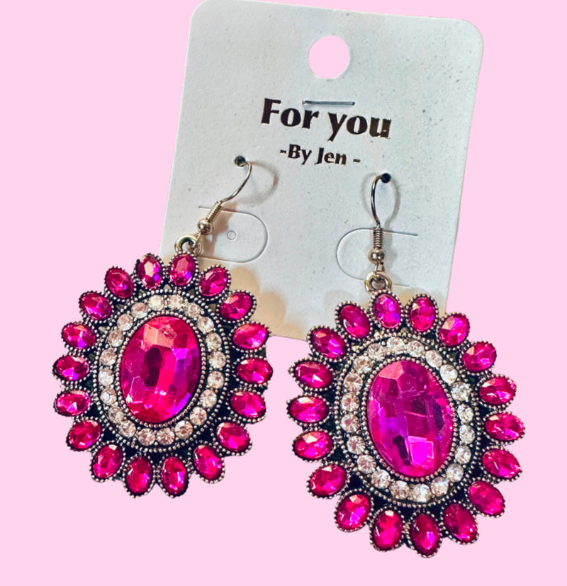 Pink Oval Rhinestone Earrings