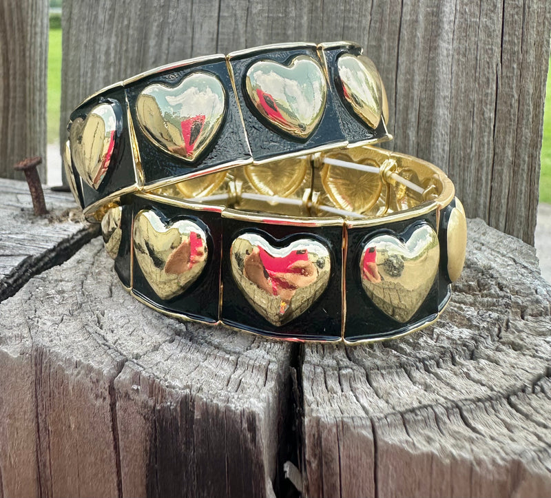 Heart Gold Black Stretch Bracelet