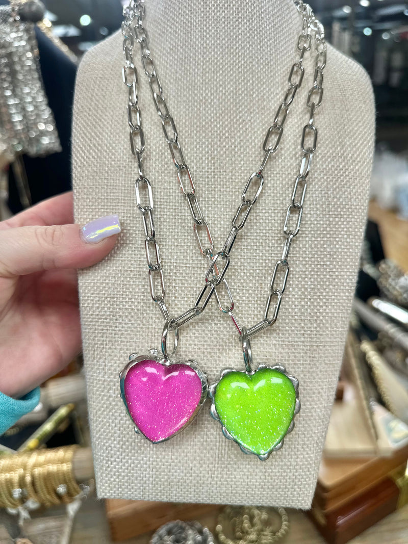 Paperclip Glitter Heart Necklace