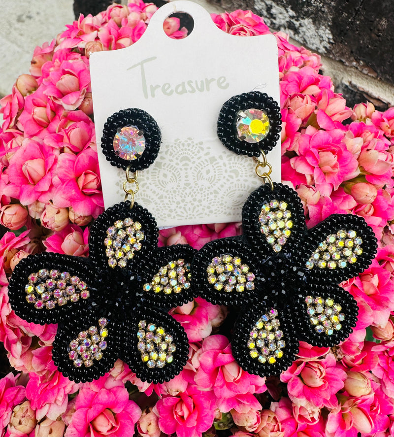 Black Beaded Rhinestone Flower Earrings