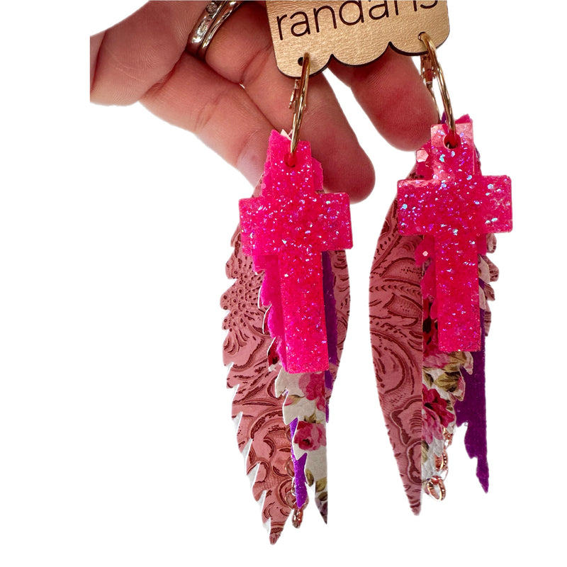 Pink Cross & Floral Earrings