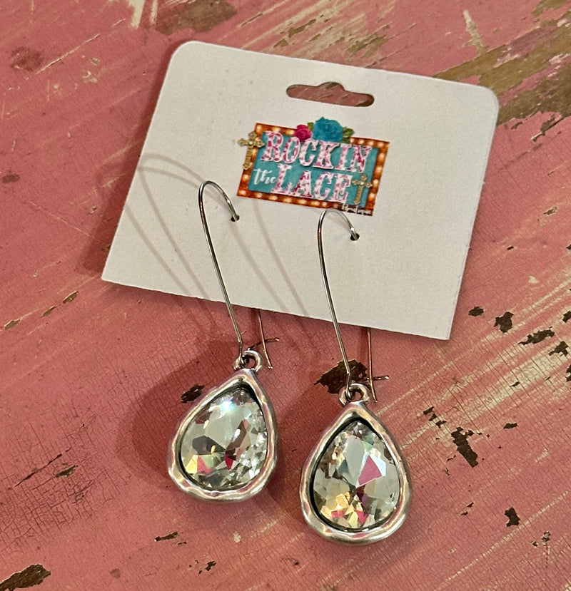 Silver & Clear Pear Stone Earrings