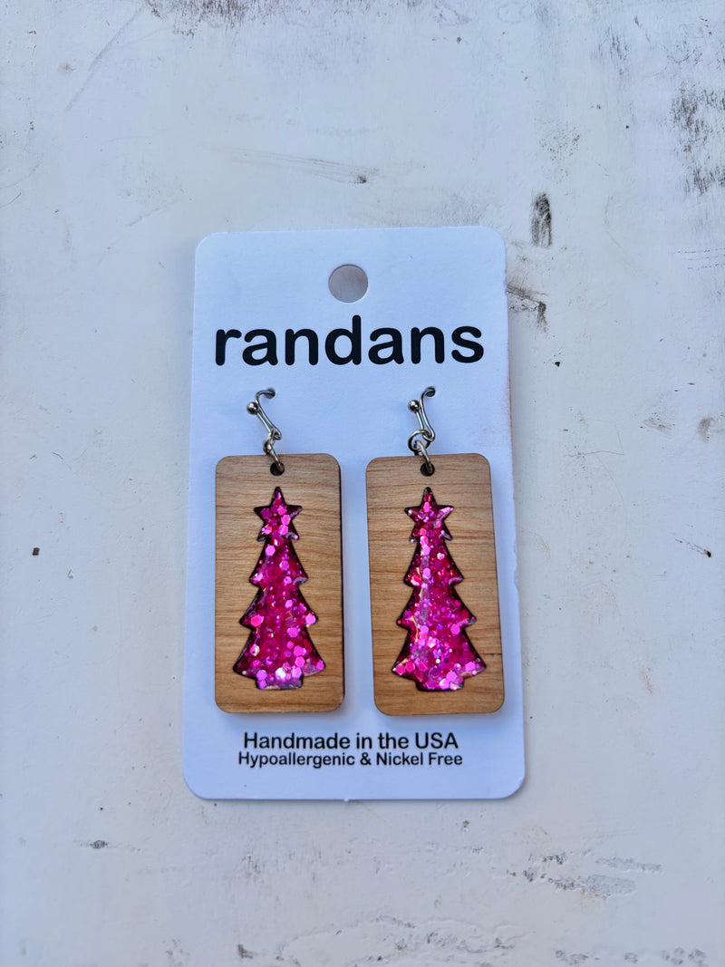 Pink Christmas Tree Wood & Acrylic Earrings