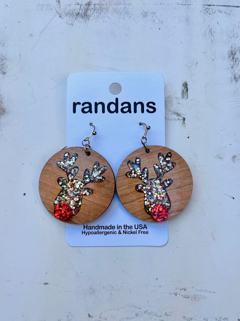 Red Nose Rudolph Wood & Acrylic Earrings