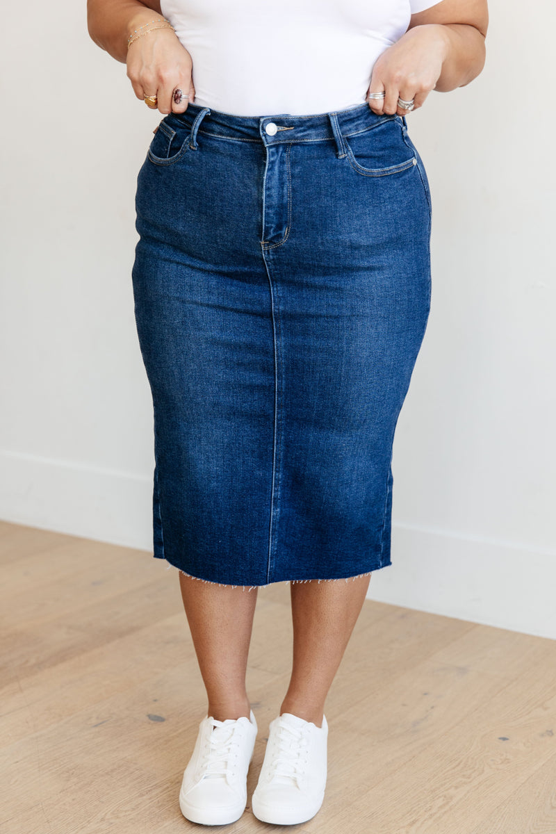 Marcy High Rise Denim Midi Skirt Judy Blue