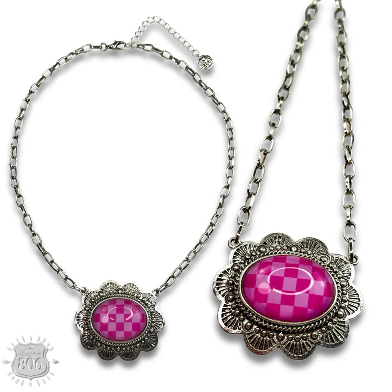 Oval Checkered Necklace PINK