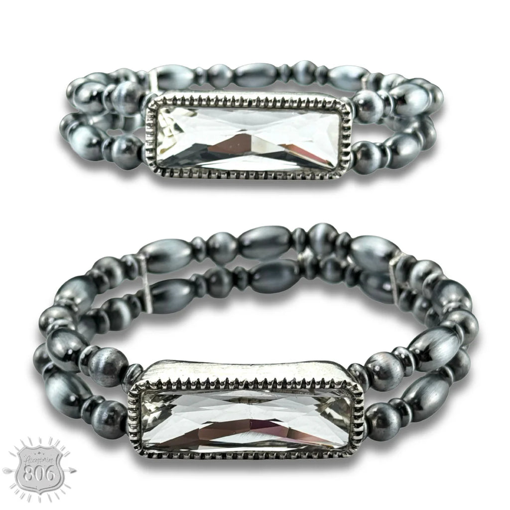 【STONEHENgE】Silver Material Ribbon Bracelet SC24B02T Clear Stone Stretch Bracelet – Rockin The Lace Boutique